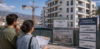 Vivienda asequible en Canarias: licencias no bastan Pareja observa una promoción residencial en construcción en Canarias mientras compara sus ingresos con los elevados precios anunciados de las viviendas.