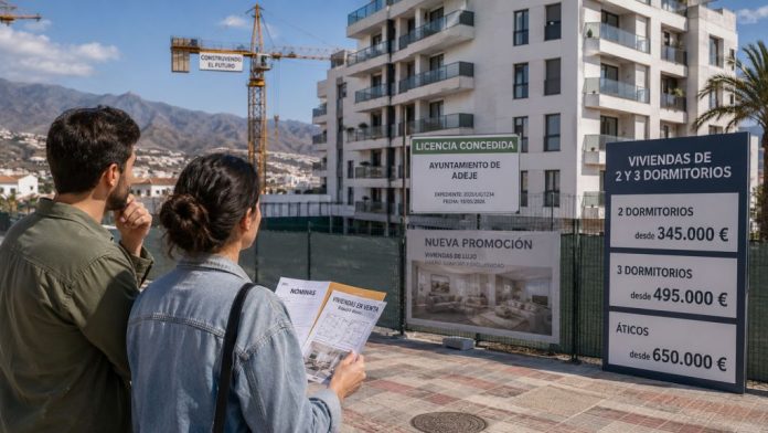 Pareja observa una promoción residencial en construcción en Canarias mientras compara sus ingresos con los elevados precios anunciados de las viviendas.
