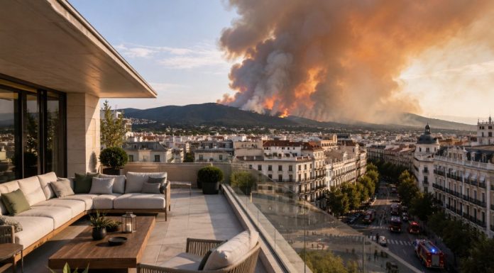 El ático de Chamberí: poder, opacidad e impunidad Terraza de un ático de lujo en Chamberí con los incendios de la Sierra de Madrid visibles al fondo y vehículos de emergencia en la calle.