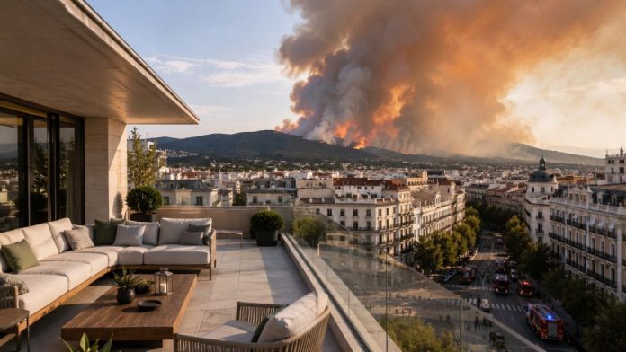 Atico 1 Terraza de un ático de lujo en Chamberí con los incendios de la Sierra de Madrid visibles al fondo y vehículos de emergencia en la calle.