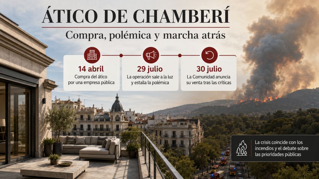 Cronología de la compra del ático de Chamberí, la publicación de la operación y el posterior anuncio de venta durante los incendios de Madrid.
