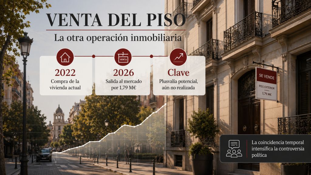 Edificio residencial en Chamberí con un cartel de venta y una gráfica que representa la plusvalía potencial del piso de la pareja de Ayuso.