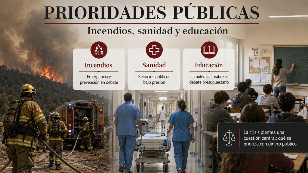 Bomberos ante un incendio forestal, personal sanitario en un hospital y alumnado en un aula como contraste entre gasto público y necesidades sociales.