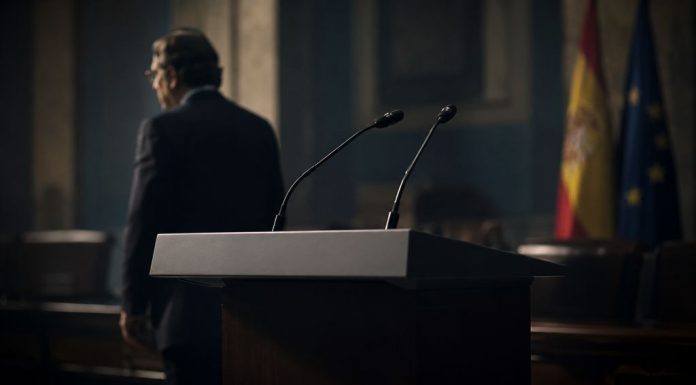 Aznar y el PP: la brújula de la crispación Atril institucional vacío con micrófonos en primer plano y la silueta desenfocada de un expresidente alejándose en una sala oficial, símbolo de una influencia política persistente.