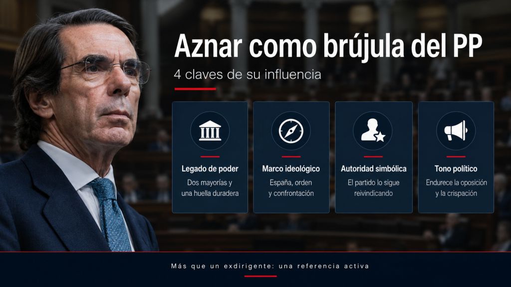Retrato de José María Aznar junto a cuatro claves sobre su influencia en el Partido Popular: legado de poder, marco ideológico, autoridad simbólica y tono político.