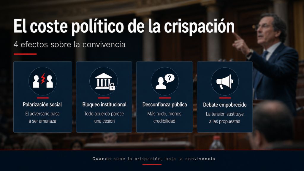 Infografía sobre los efectos de la crispación política en la convivencia: polarización social, bloqueo institucional, desconfianza pública y empobrecimiento del debate.