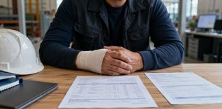 Feijóo y el salario durante la baja: castigar a quien enferma Trabajador con la muñeca vendada sentado ante una nómina y un parte de baja médica en un entorno laboral, simbolizando la pérdida de ingresos durante una incapacidad temporal.