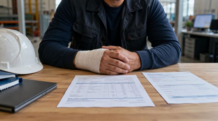 Feijóo y el salario durante la baja: castigar a quien enferma Trabajador con la muñeca vendada sentado ante una nómina y un parte de baja médica en un entorno laboral, simbolizando la pérdida de ingresos durante una incapacidad temporal.