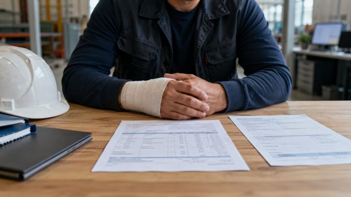 Trabajador con la muñeca vendada sentado ante una nómina y un parte de baja médica en un entorno laboral, simbolizando la pérdida de ingresos durante una incapacidad temporal.