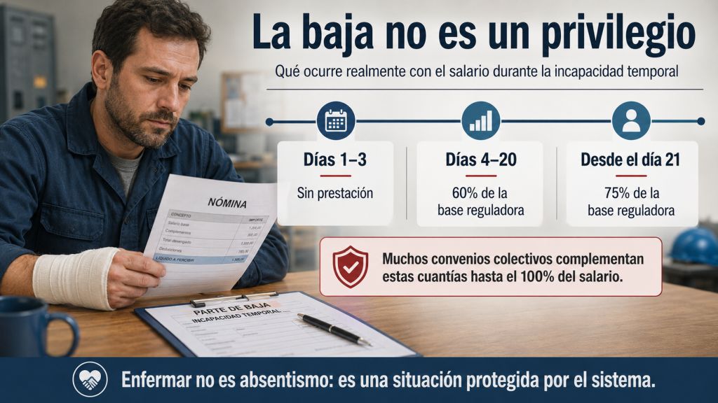 Trabajador con lesión revisa una nómina junto a un parte de baja mientras una línea temporal explica las prestaciones económicas durante la incapacidad temporal y el papel de los convenios colectivos.
