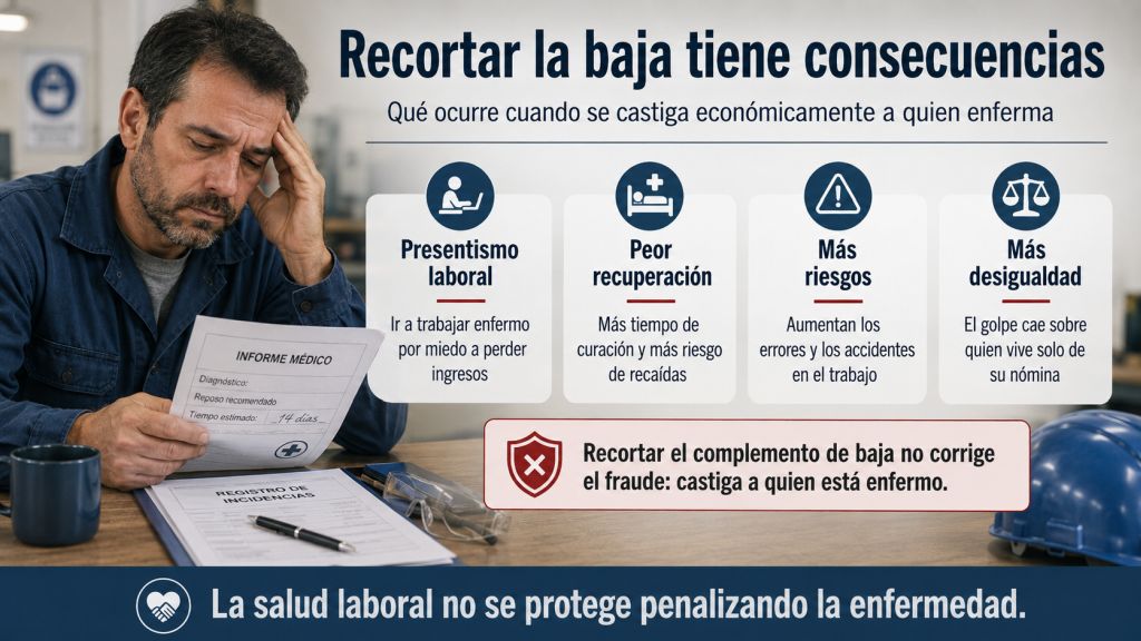 Trabajador preocupado en un entorno laboral junto a una infografía que resume las consecuencias de recortar el salario durante una baja: presentismo, peor recuperación, más riesgos y desigualdad.
