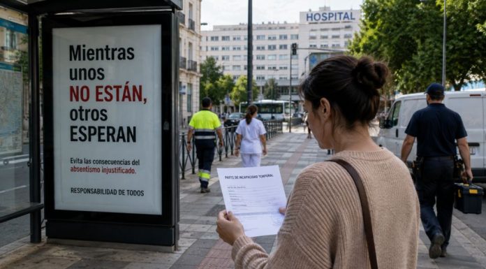 CEOE y bajas laborales: una campaña contra el enfermo Mujer con un parte de incapacidad temporal frente a una marquesina sobre el absentismo laboral, con un hospital y varios trabajadores al fondo.