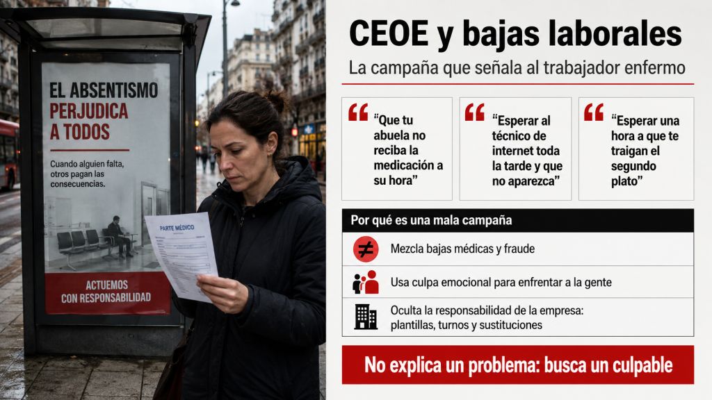 Trabajadora con un parte médico junto a una campaña sobre el absentismo y análisis de las frases que culpabilizan a quienes están de baja.