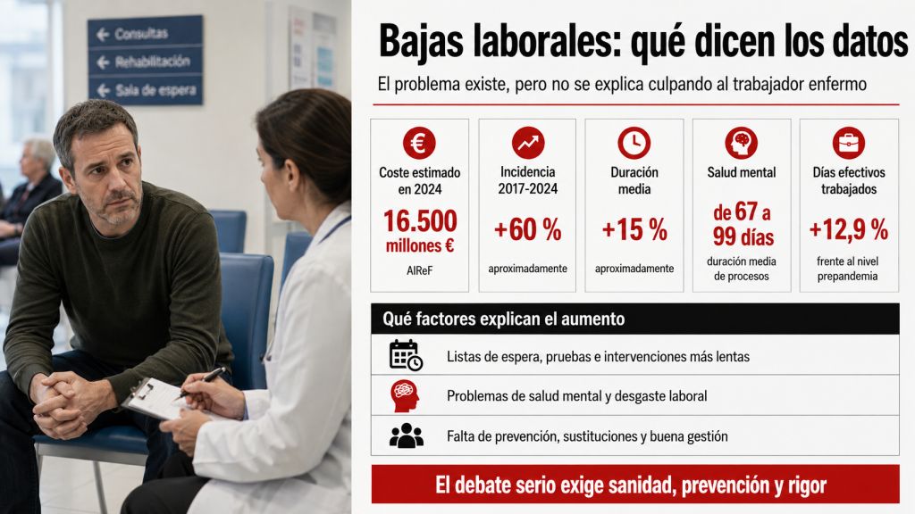 Paciente atendido por una médica junto a datos sobre el coste, la duración y las causas del aumento de las bajas laborales en España.