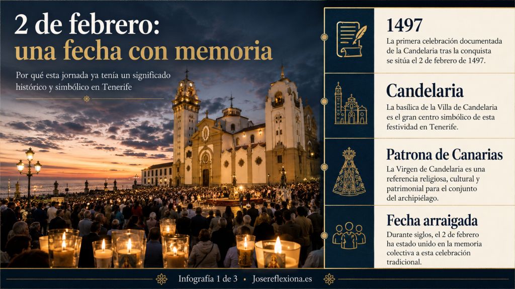 Infografía sobre el significado histórico del 2 de febrero, con la Basílica de Candelaria, una multitud con velas y referencias a 1497 y al patronazgo de la Virgen.
