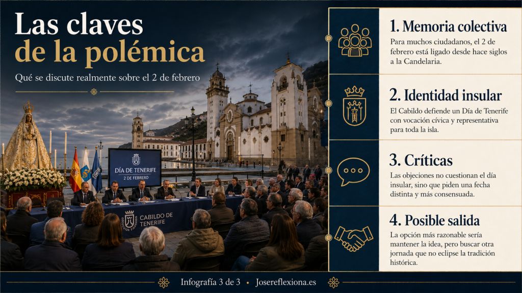 Infografía sobre la polémica del Día de Tenerife, con la Basílica de Candelaria, una representación institucional y las posiciones sobre memoria colectiva y cambio de fecha.