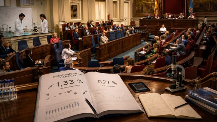 Pleno del Parlamento de Canarias con investigadores, material de laboratorio y un informe que compara el objetivo científico del 1,33 % con una financiación real del 0,77 %.