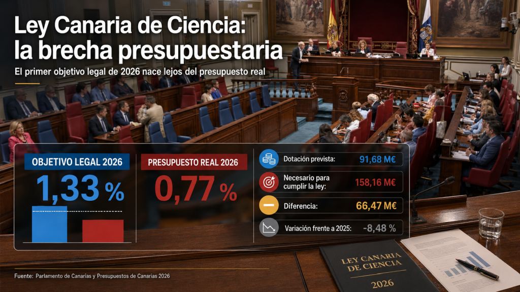 Infografía sobre la Ley Canaria de Ciencia que compara el objetivo presupuestario del 1,33 % con el 0,77 % previsto en 2026 y una diferencia de 66,47 millones de euros.