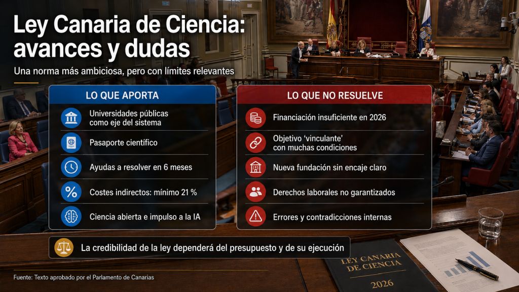 Comparación de los avances de la Ley Canaria de Ciencia, como el pasaporte científico y el apoyo universitario, con sus límites financieros, laborales e institucionales.