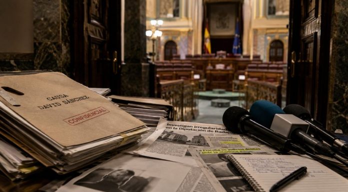 Condena de David Sánchez: justicia, política y lawfare Expedientes judiciales, recortes de prensa y micrófonos ante una sala institucional, como símbolo de la tensión entre justicia, medios y confrontación política.
