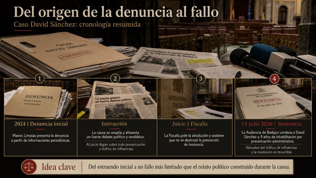 Cronología visual del caso David Sánchez, desde la denuncia inicial de 2024 hasta la sentencia de julio de 2026, con documentos judiciales y cobertura mediática.
