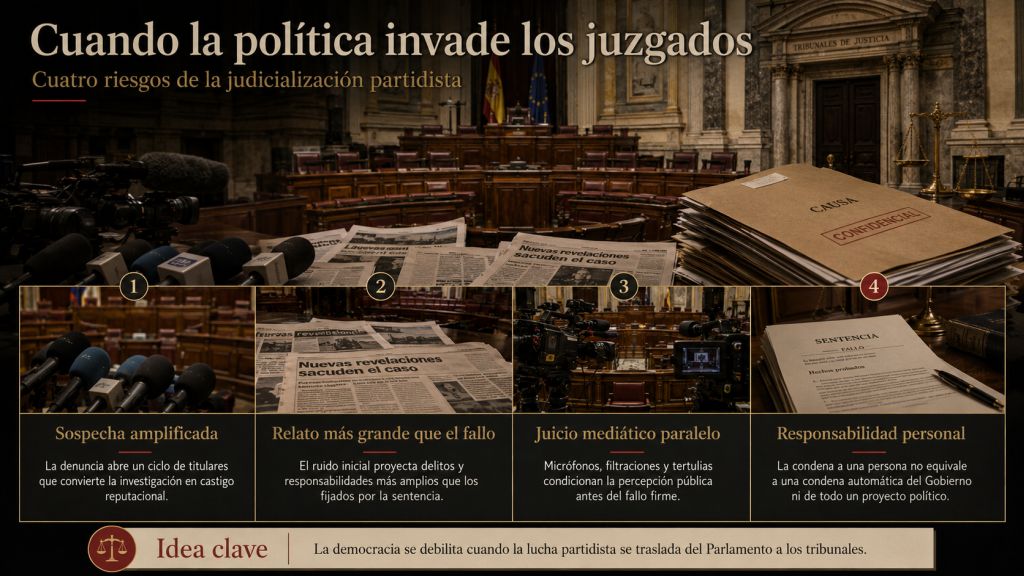 Micrófonos, periódicos, cámaras y expedientes judiciales muestran los riesgos de convertir una causa penal en una herramienta de lucha partidista.