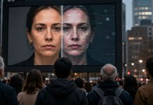 Deepfakes y democracia: el derecho a una realidad reconocible Ciudadanos observan una gran pantalla urbana con el rostro de una mujer dividido entre una imagen real y otra alterada digitalmente, símbolo de los deepfakes.