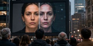Deepfakes y democracia: el derecho a una realidad reconocible Ciudadanos observan una gran pantalla urbana con el rostro de una mujer dividido entre una imagen real y otra alterada digitalmente, símbolo de los deepfakes.