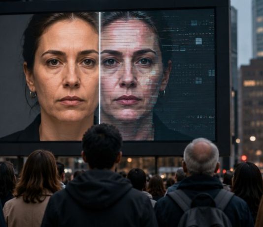 Deepfakes y democracia: el derecho a una realidad reconocible Ciudadanos observan una gran pantalla urbana con el rostro de una mujer dividido entre una imagen real y otra alterada digitalmente, símbolo de los deepfakes.