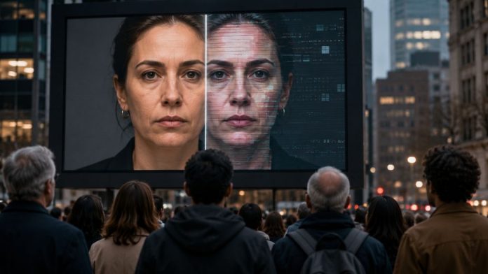Ciudadanos observan una gran pantalla urbana con el rostro de una mujer dividido entre una imagen real y otra alterada digitalmente, símbolo de los deepfakes.