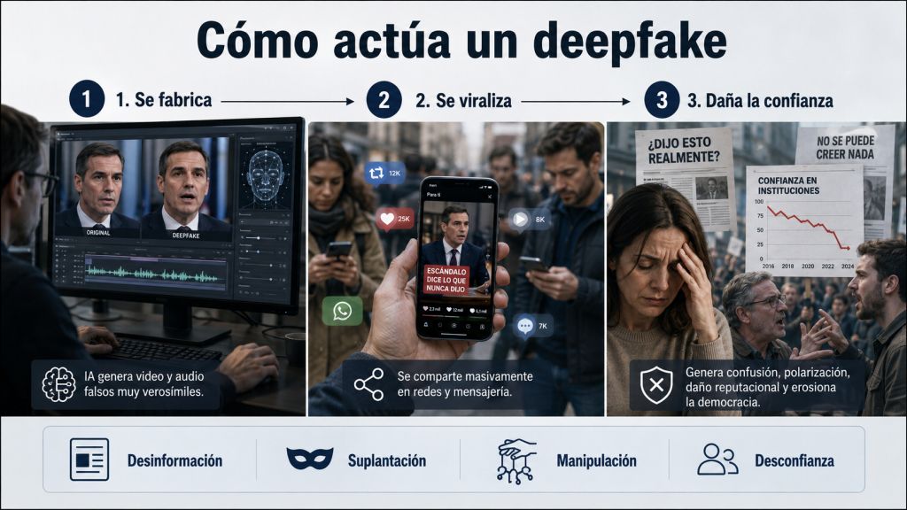 Secuencia visual que muestra cómo un deepfake se crea con inteligencia artificial, se viraliza en redes y termina dañando la confianza pública.