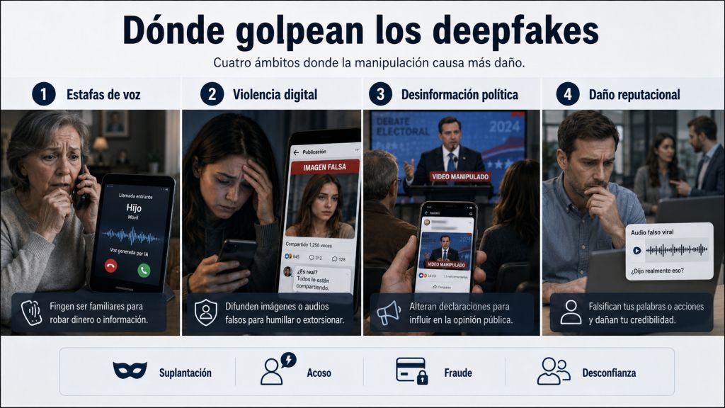 Cuatro situaciones en las que los deepfakes causan daño: estafas de voz, violencia digital, desinformación política y deterioro de la reputación.