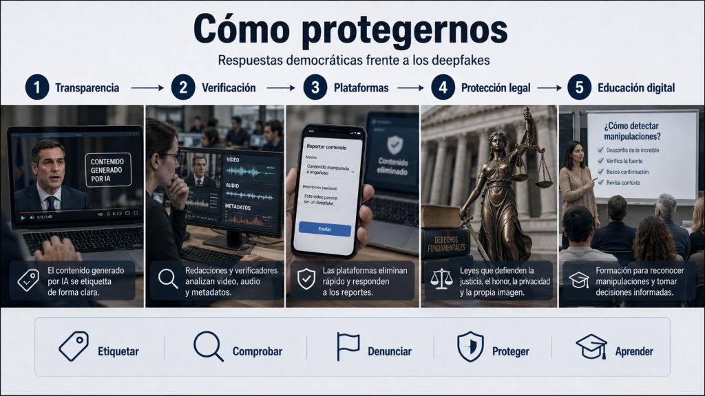 Medidas para protegerse frente a los deepfakes: etiquetado de contenidos generados por IA, verificación, respuesta de plataformas, protección legal y educación digital.