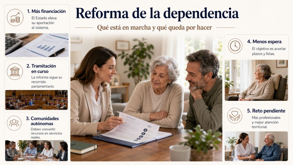 Infografía sobre la reforma de la dependencia con una familia recibiendo asesoramiento y los retos de financiación, tramitación parlamentaria, gestión autonómica, listas de espera y falta de profesionales.