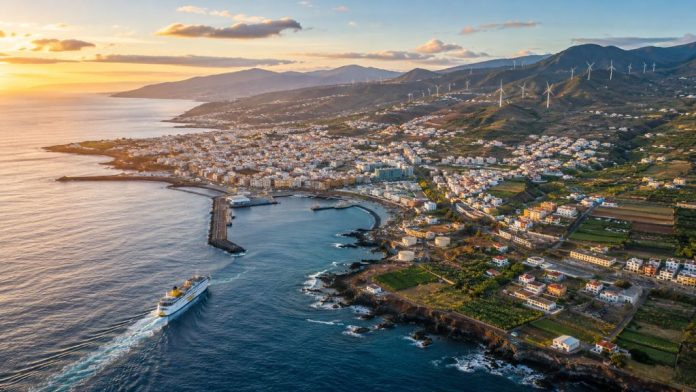 Vista aérea al atardecer de una localidad costera canaria, con un ferry saliendo del puerto, zonas agrícolas, viviendas y aerogeneradores en las laderas.