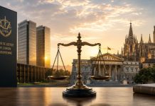 Ley de amnistía: Europa avala su encaje jurídico Balanza de justicia entre la sede del Tribunal de Justicia de la Unión Europea y el Congreso de los Diputados, como símbolo del aval europeo a la ley de amnistía española.