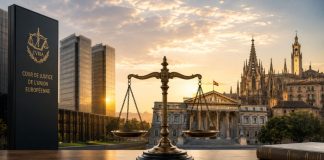 Balanza de justicia entre la sede del Tribunal de Justicia de la Unión Europea y el Congreso de los Diputados, como símbolo del aval europeo a la ley de amnistía española.
