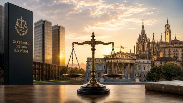 Balanza de justicia entre la sede del Tribunal de Justicia de la Unión Europea y el Congreso de los Diputados, como símbolo del aval europeo a la ley de amnistía española.