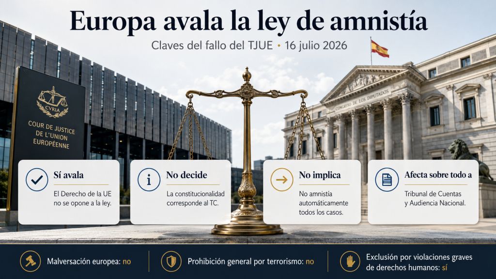 Sedes del TJUE y del Congreso junto a una balanza que resume el alcance y los límites del aval europeo a la ley de amnistía.