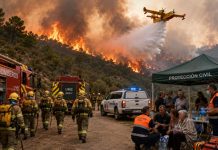 Estado al rescate: el fracaso del relato neoliberal Bomberos, efectivos de la UME y Protección Civil combaten un gran incendio forestal mientras atienden a personas evacuadas.