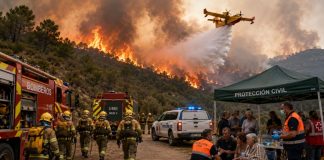 Estado al rescate: el fracaso del relato neoliberal Bomberos, efectivos de la UME y Protección Civil combaten un gran incendio forestal mientras atienden a personas evacuadas.