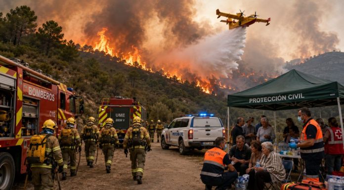 Estado al rescate: el fracaso del relato neoliberal Bomberos, efectivos de la UME y Protección Civil combaten un gran incendio forestal mientras atienden a personas evacuadas.