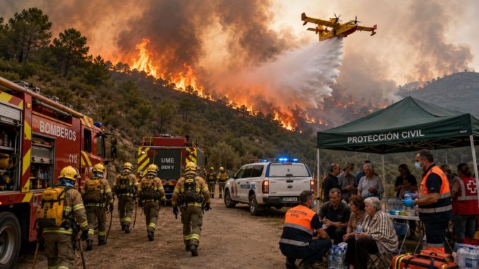 Bomberos, efectivos de la UME y Protección Civil combaten un gran incendio forestal mientras atienden a personas evacuadas.