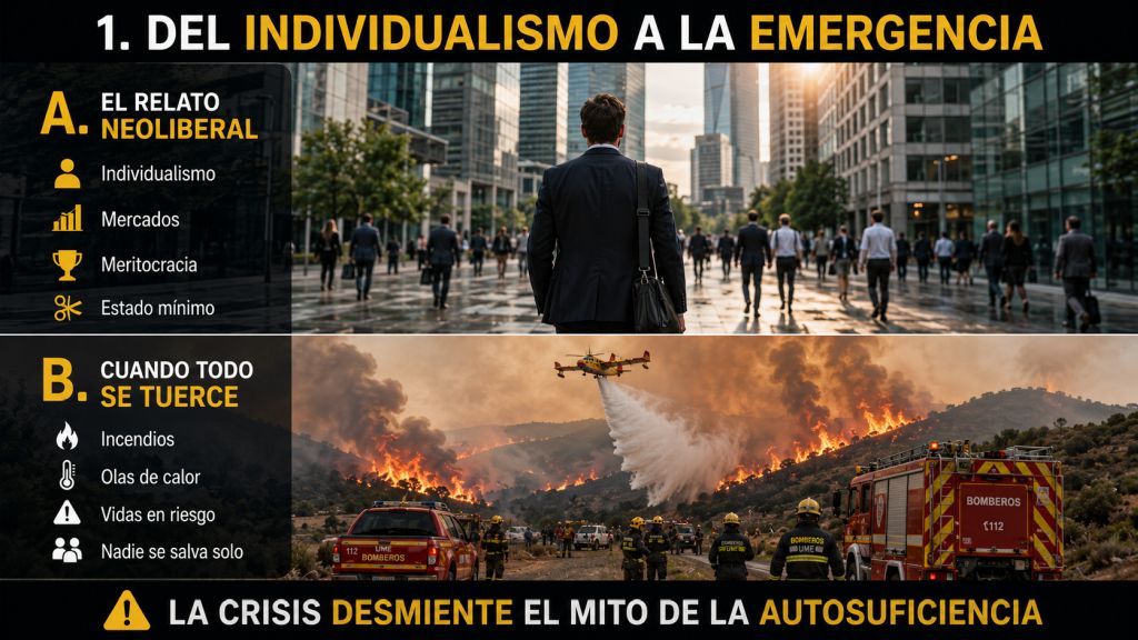 Contraste entre el discurso neoliberal del individualismo y la respuesta colectiva necesaria ante un gran incendio forestal.