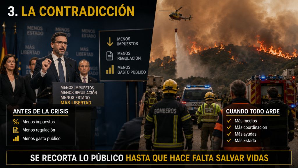 Contraste entre la defensa de menos impuestos y menos Estado y la reclamación de más medios públicos cuando llega una catástrofe.