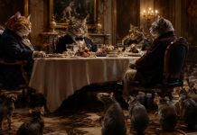 El voto contra sí mismo: ratones, gatos y el gran malentendido Gatos vestidos de gala cenan en una mesa lujosa mientras un grupo de ratones observa desde el suelo, como alegoría de la desigualdad, el poder y la exclusión social.