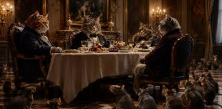 El voto contra sí mismo: ratones, gatos y el gran malentendido Gatos vestidos de gala cenan en una mesa lujosa mientras un grupo de ratones observa desde el suelo, como alegoría de la desigualdad, el poder y la exclusión social.