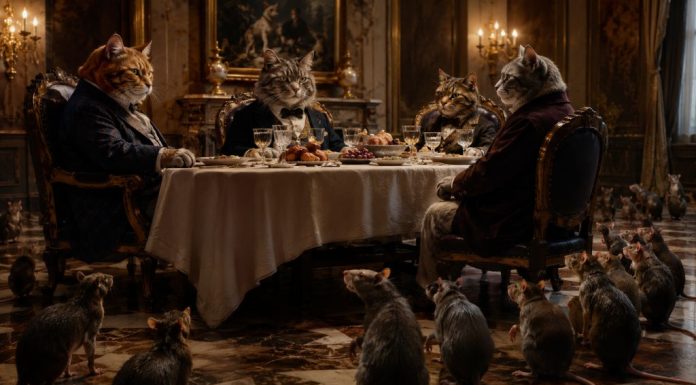 El voto contra sí mismo: ratones, gatos y el gran malentendido Gatos vestidos de gala cenan en una mesa lujosa mientras un grupo de ratones observa desde el suelo, como alegoría de la desigualdad, el poder y la exclusión social.
