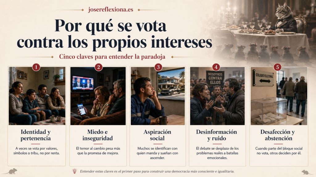 Infografía sobre cinco factores que influyen en el voto contra los propios intereses: identidad, miedo, aspiración social, desinformación y abstención, ilustrados con escenas cotidianas.