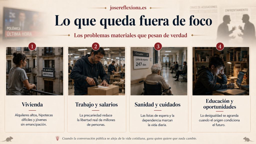 Infografía sobre los problemas materiales que suelen quedar relegados en el debate público: vivienda, precariedad laboral, sanidad, cuidados, educación y desigualdad de oportunidades.